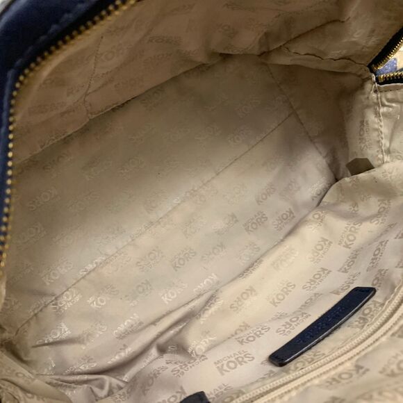 Michael Kors Saffiano Leather Satchel Crossbody Navy Gold MK Charm - Picture 10 of 13